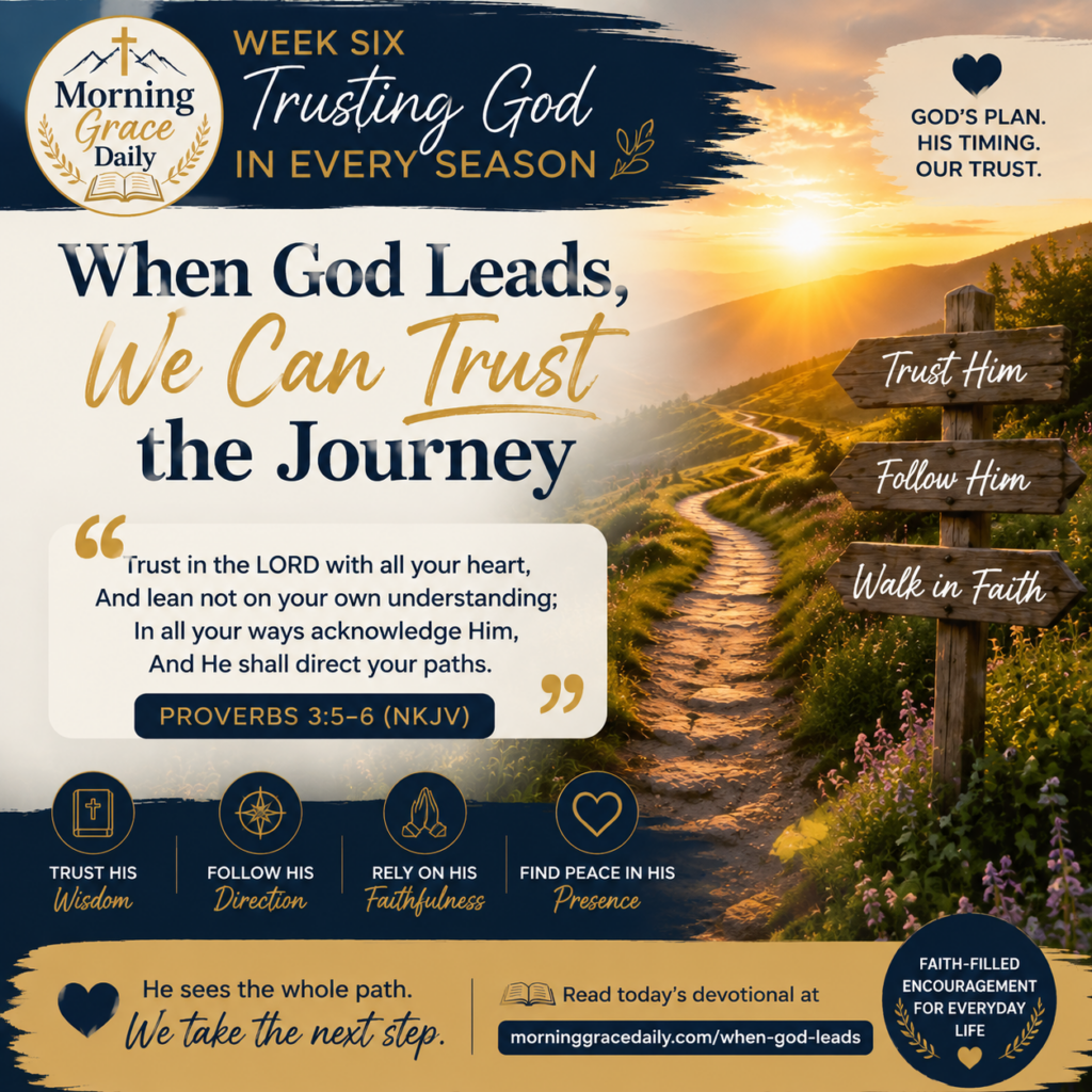Trusting God in every season devotional banner showing a peaceful path through nature with morning light symbolizing God's guidance.