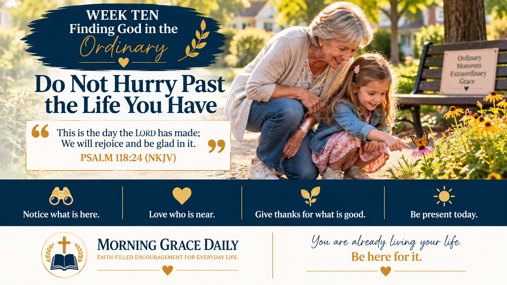 Rejoice in the day God has made devotional image representing gratitude, presence, ordinary blessings, and appreciating the life God has given today.
