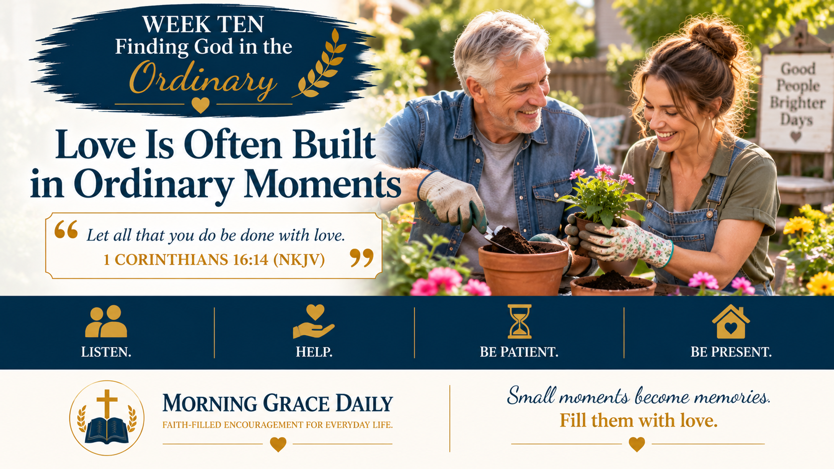 Love in ordinary moments devotional image showing a family sharing everyday time together and representing attention, patience, service, and Christian love.