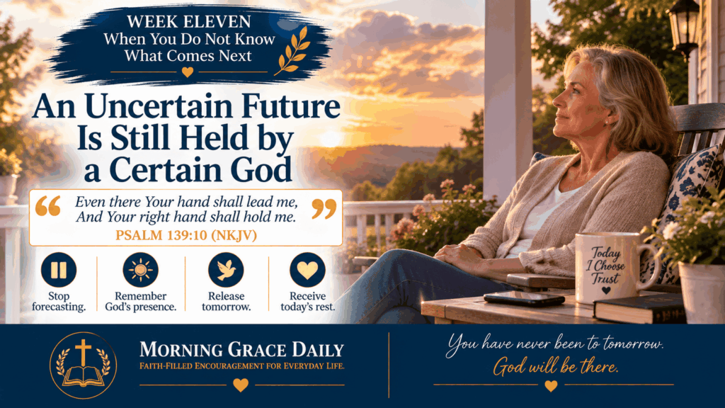 Trusting God with an uncertain future devotional image showing a woman relaxing on a porch at sunset, representing hope, rest, and confidence in God's presence tomorrow.