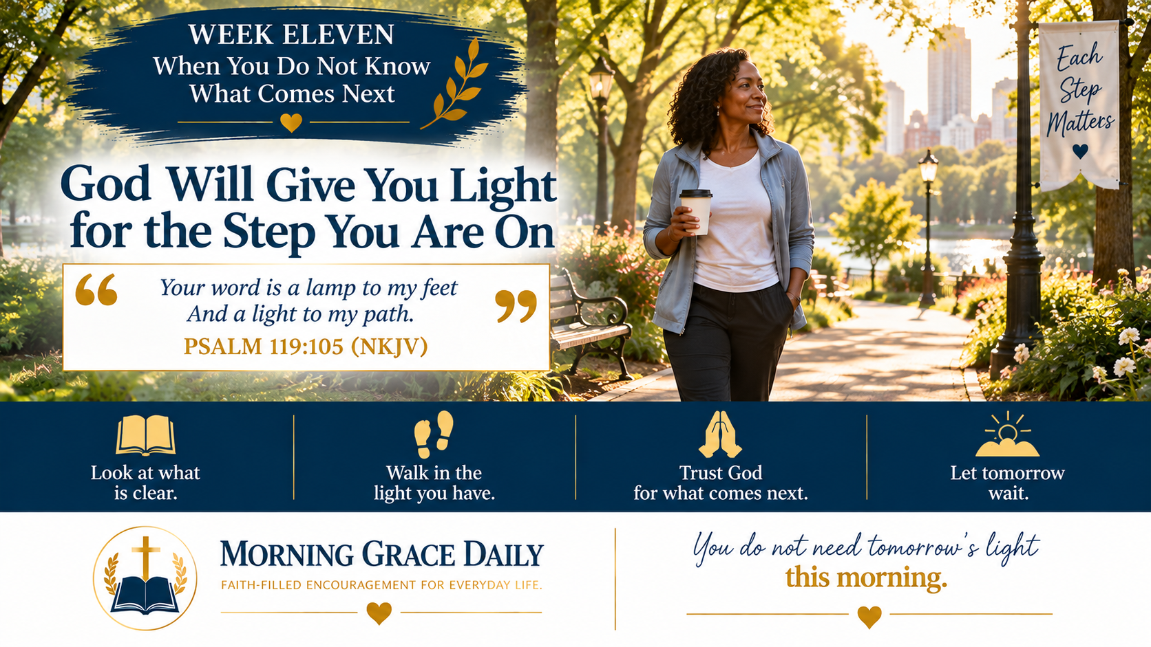 God will guide your next step devotional image showing a woman walking through an early morning city park as sunlight illuminates the walkway ahead.