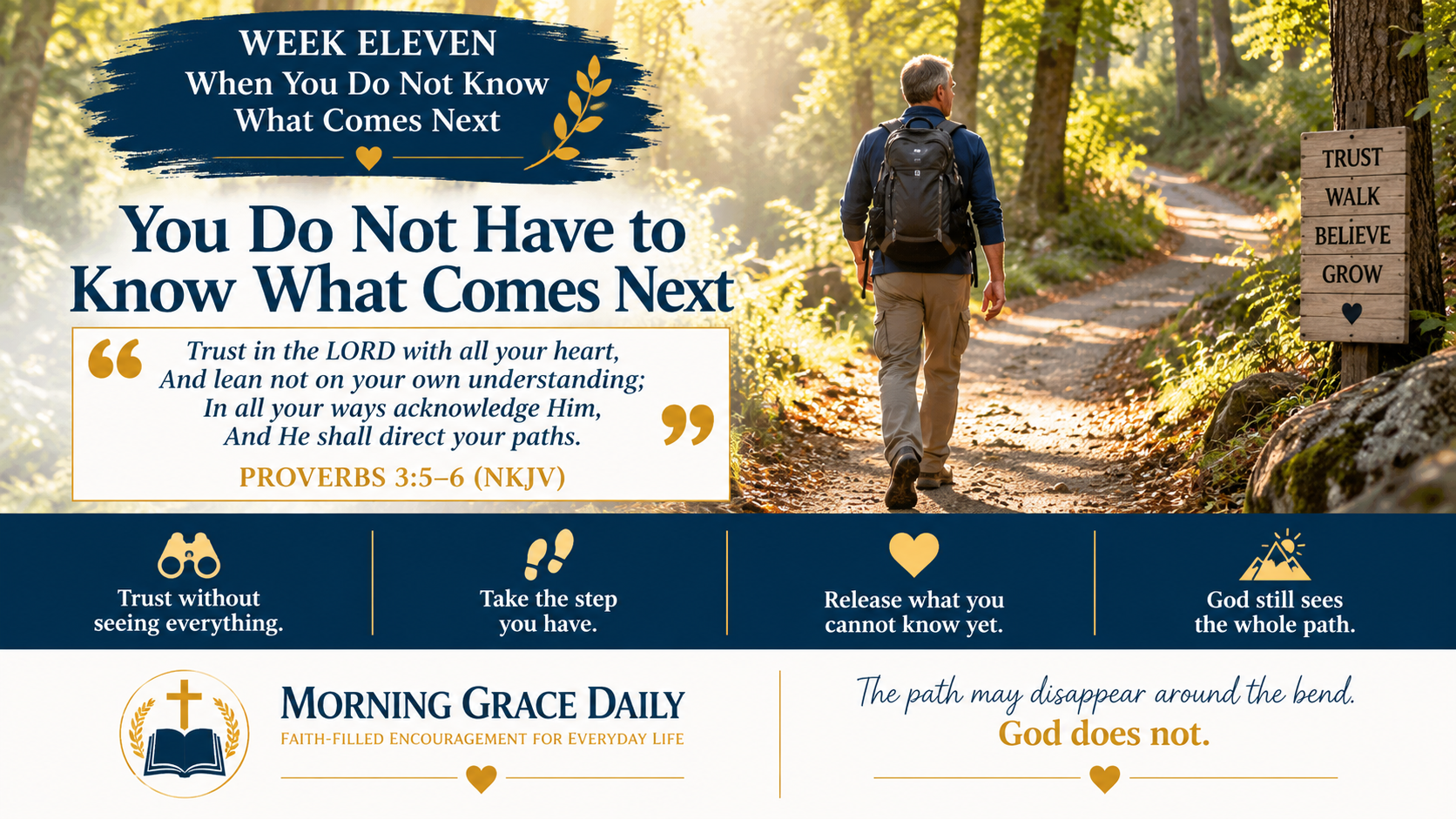 Trust God when you do not know devotional image showing a person walking a wooded path that bends beyond sight, representing faith, uncertainty, and Gods direction.
