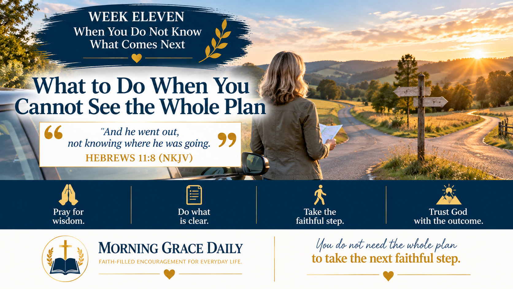 Faith when the future is unclear devotional image showing a woman standing at a rural crossroads, representing discernment, obedience, uncertainty, and moving forward with God.
