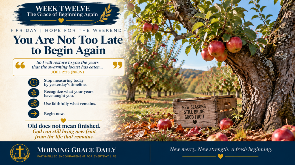 Not too late to begin again devotional image showing fresh green growth emerging from an old weathered orchard after harvest.