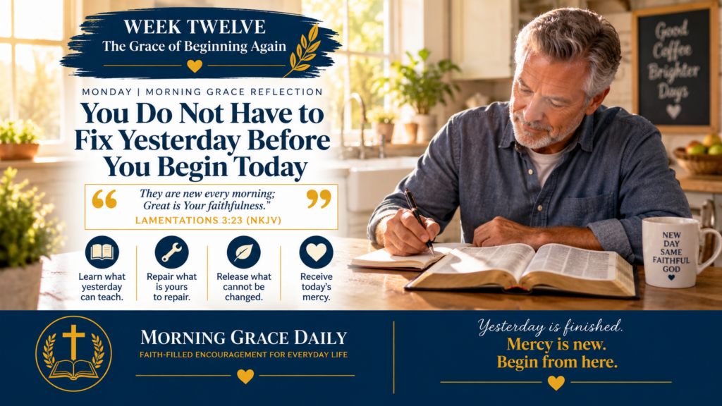 New mercies every morning devotional image showing a man beginning his day at a kitchen table with an open Bible, coffee, and warm morning light.