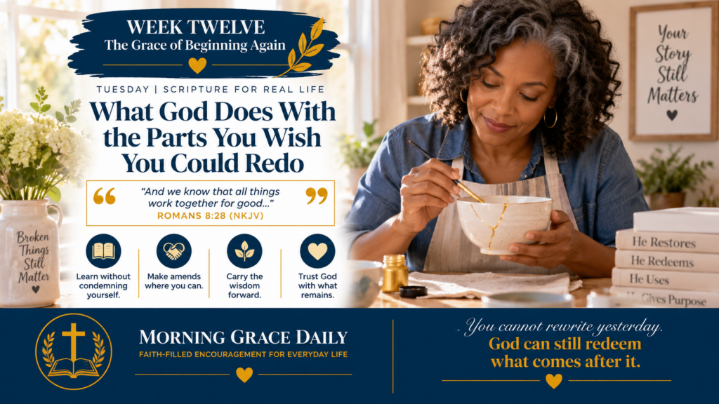 God works all things for good devotional image showing a woman repairing a cracked ceramic bowl, representing redemption, healing, and new purpose.