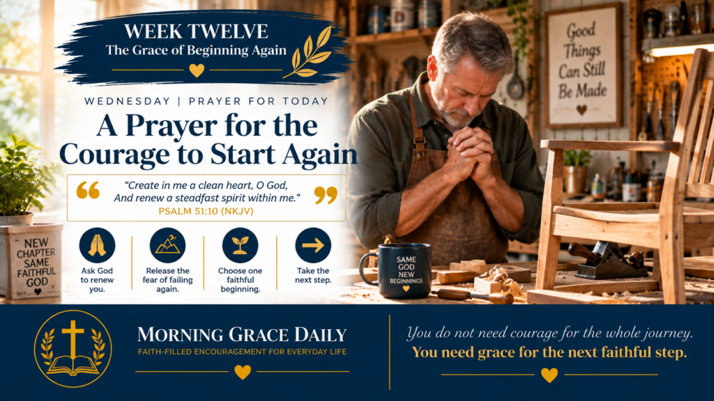 Prayer for courage to start again devotional image showing a man pausing in prayer before returning to an unfinished woodworking project.