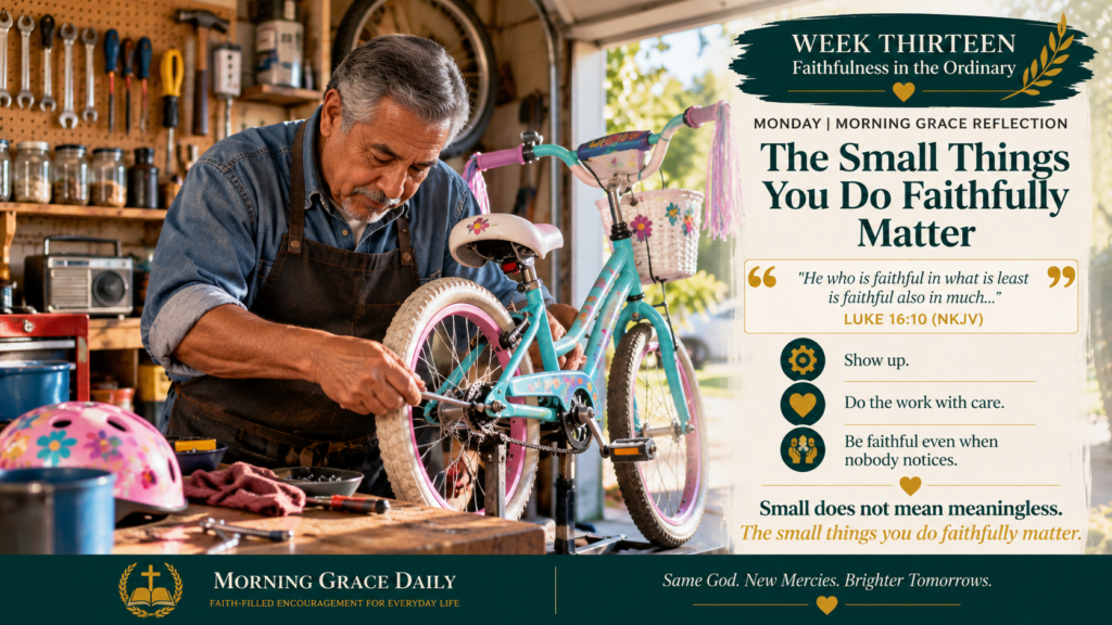 Small acts of faithfulness devotional image showing an older Hispanic man carefully repairing a child's bicycle in a neighborhood workshop.