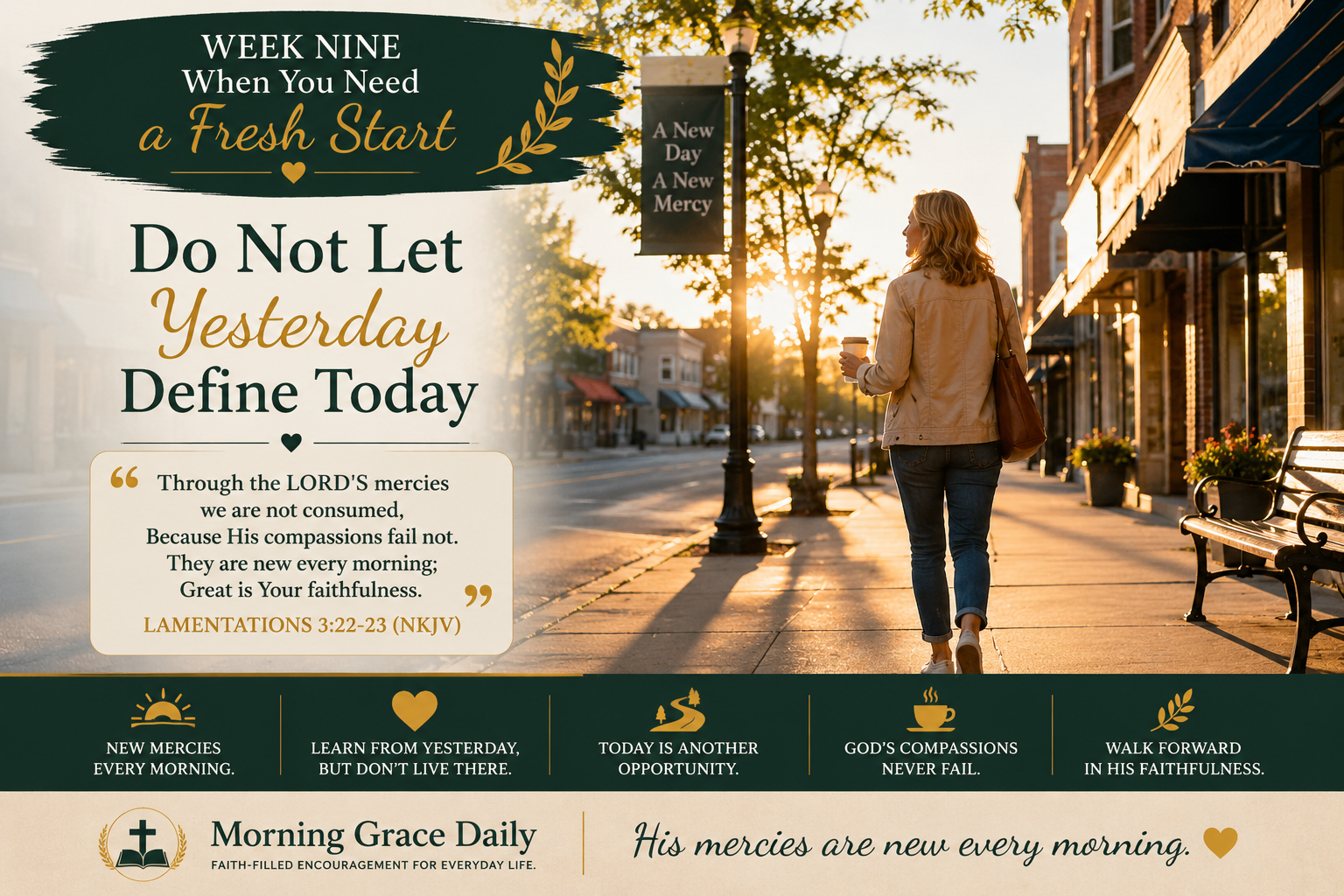 Gods mercy is new every morning devotional image representing a new day, fresh mercy, hope, and leaving yesterday behind.