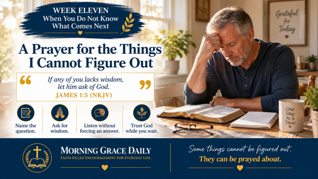 Prayer for wisdom and guidance devotional image showing a man sitting quietly at a kitchen table in morning light with an open Bible and notebook.