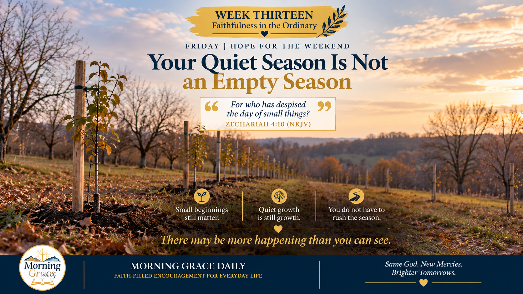 Quiet season is not an empty season devotional image showing a small orchard in late autumn with newly planted young trees.