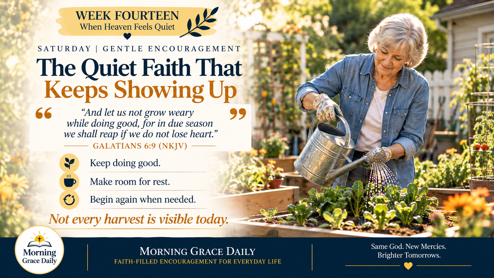 Quiet faith that keeps showing up devotional image of an older woman tending a small garden in the morning sunlight.
