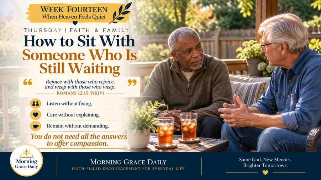 How to support someone who is waiting, illustrated by two older male friends sharing a quiet conversation on a backyard deck.