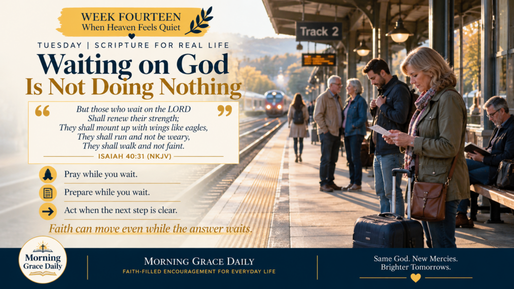 Waiting on God is not doing nothing devotional image showing travelers continuing to prepare while waiting for a train.