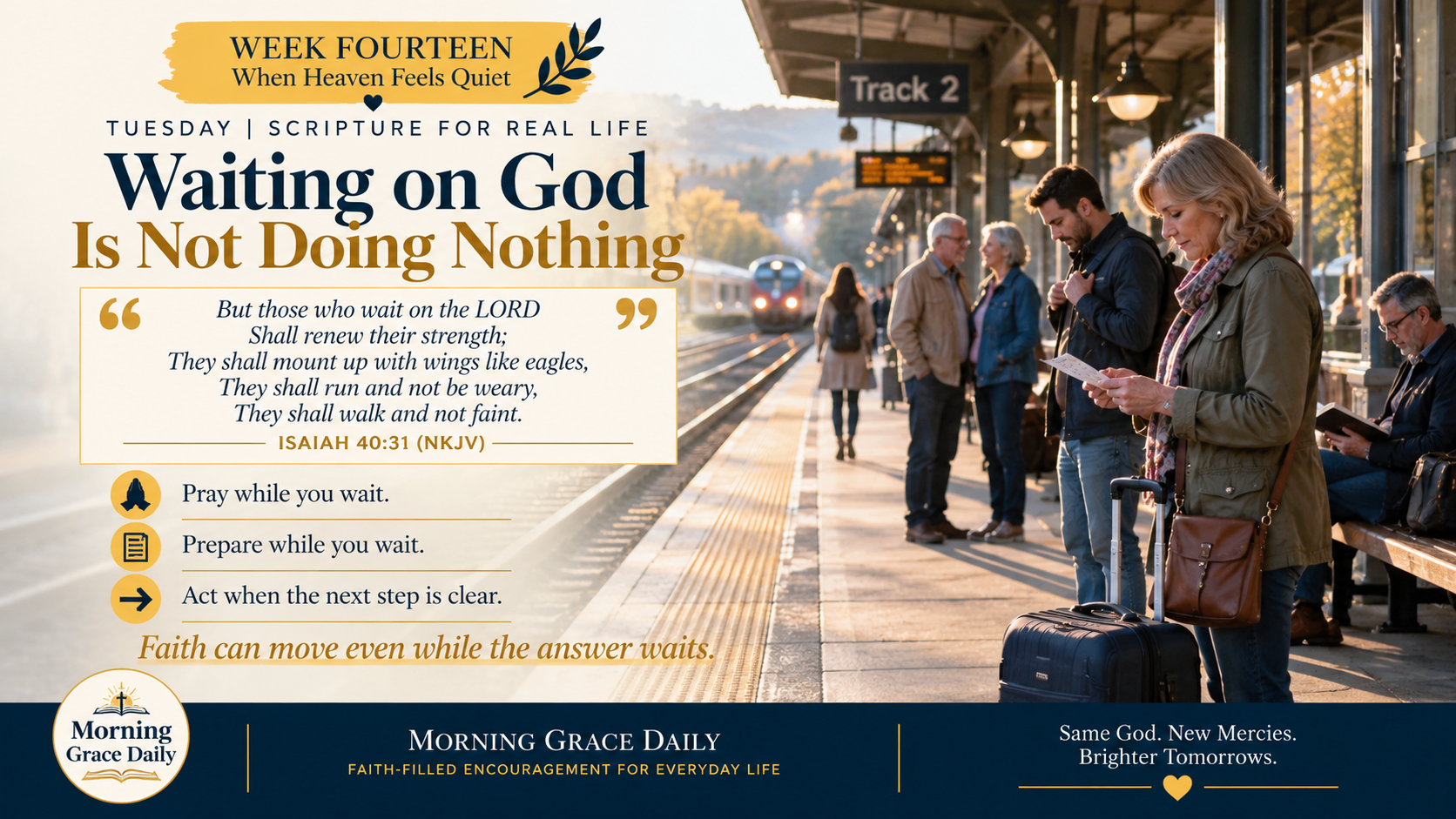 Waiting on God is not doing nothing devotional image showing travelers continuing to prepare while waiting for a train.