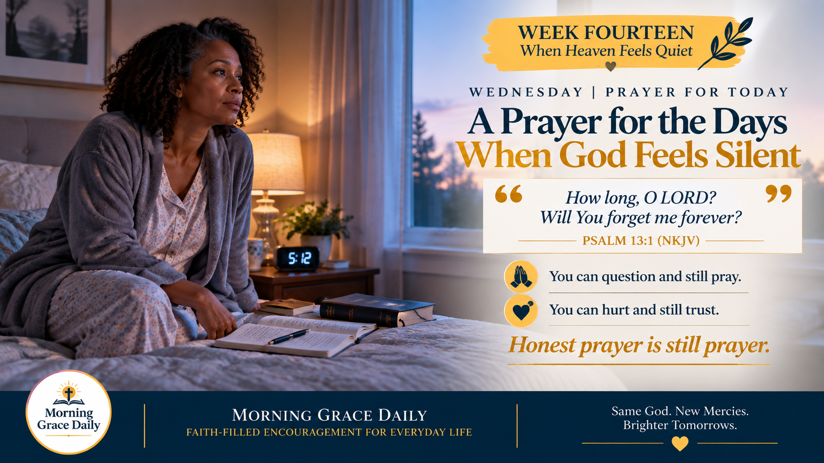Prayer when God feels silent devotional image showing a woman awake before dawn with a journal beside her.