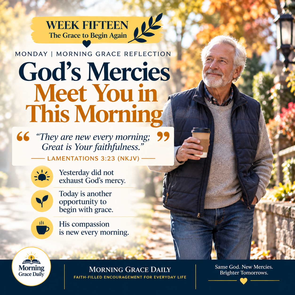 Gods mercies are new every morning devotional featuring a woman beginning her day in a bright kitchen.