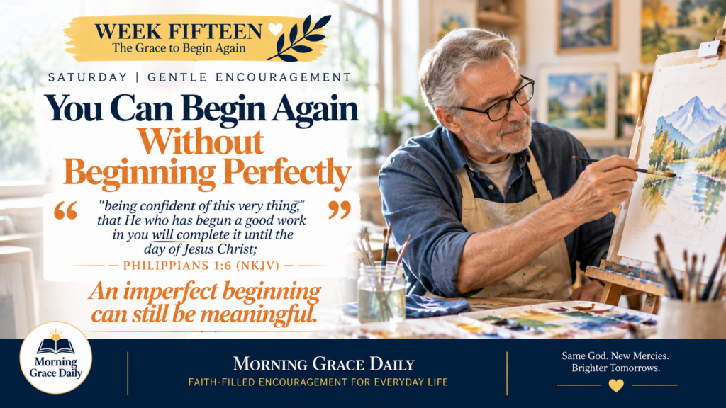 Begin again without being perfect devotional showing a mature man learning to paint in a welcoming art studio.
