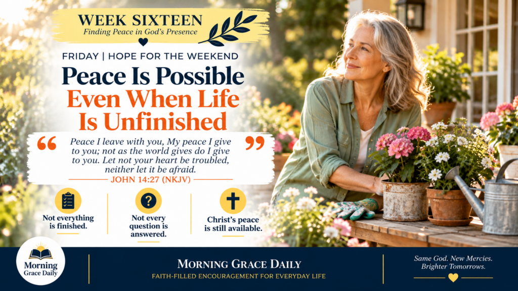 Finding peace in unfinished seasons devotional featuring a mature woman enjoying a quiet moment on a sunlit garden patio.