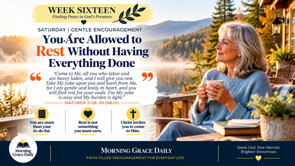 Rest without finishing everything devotional showing a mature woman enjoying a peaceful morning beside a lakeside cabin.