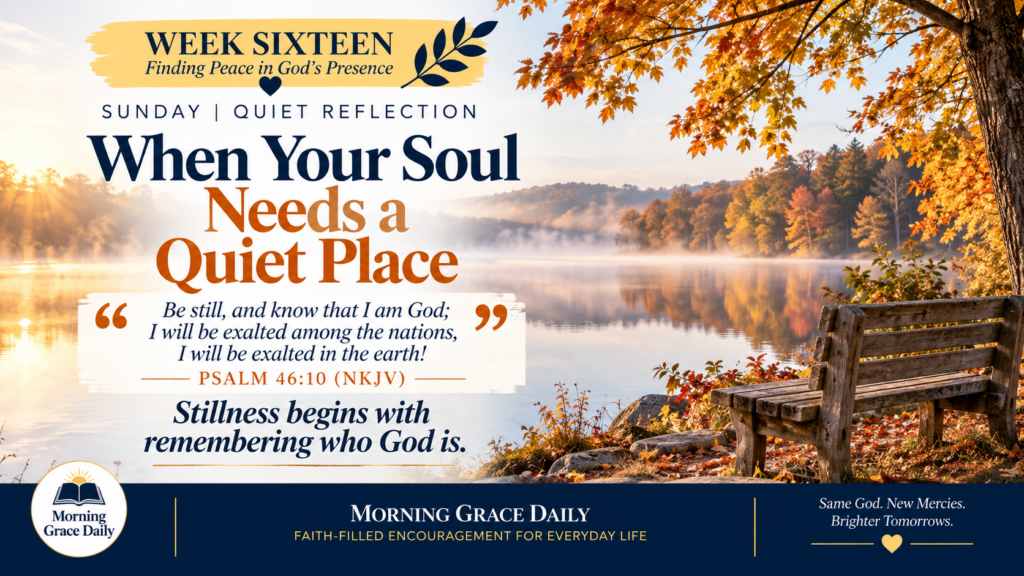 Finding stillness with God devotional showing a peaceful autumn lakeside setting with a wooden bench overlooking calm water.