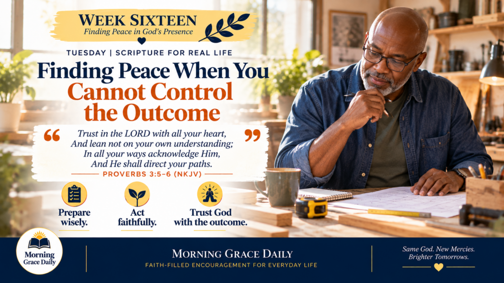 Finding peace in uncertainty devotional showing a mature man thoughtfully reviewing plans in a bright home workshop.