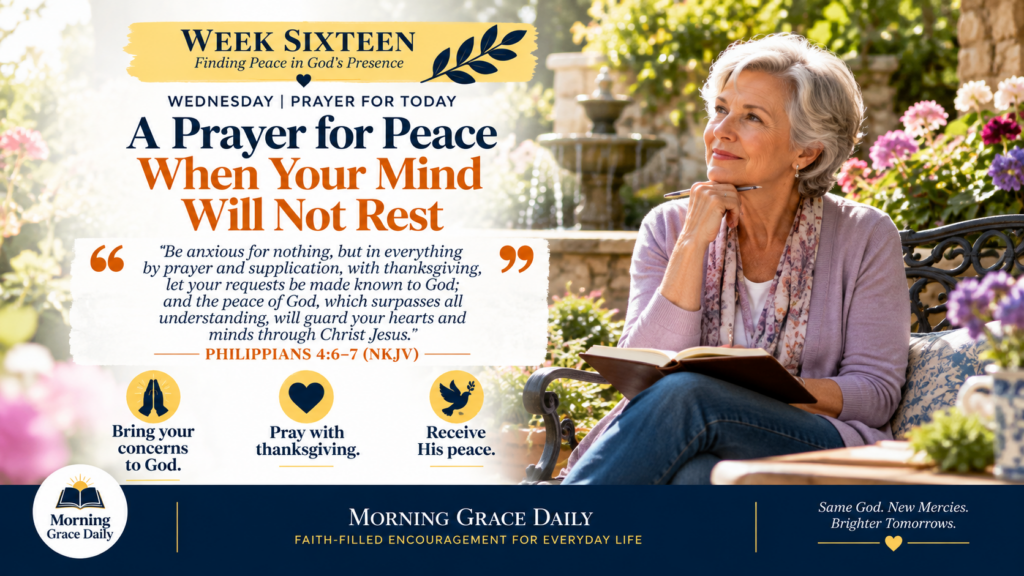 Prayer for peace of mind devotional featuring a mature woman sitting quietly in a peaceful garden courtyard with a journal.