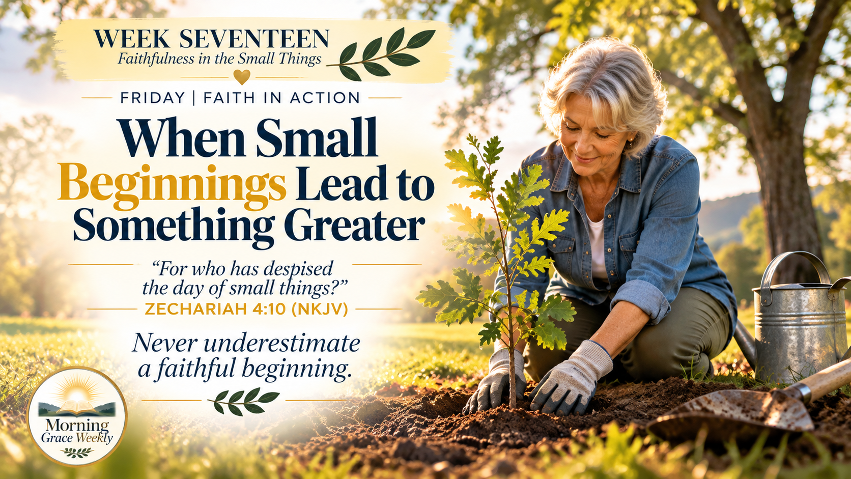 Trusting God with small beginnings devotional showing a mature woman planting a young tree in a peaceful community park.