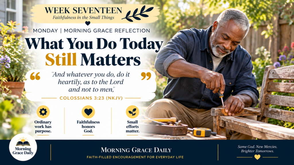 Faithfulness in everyday work devotional featuring a mature man carefully repairing a wooden garden bench outside his home.