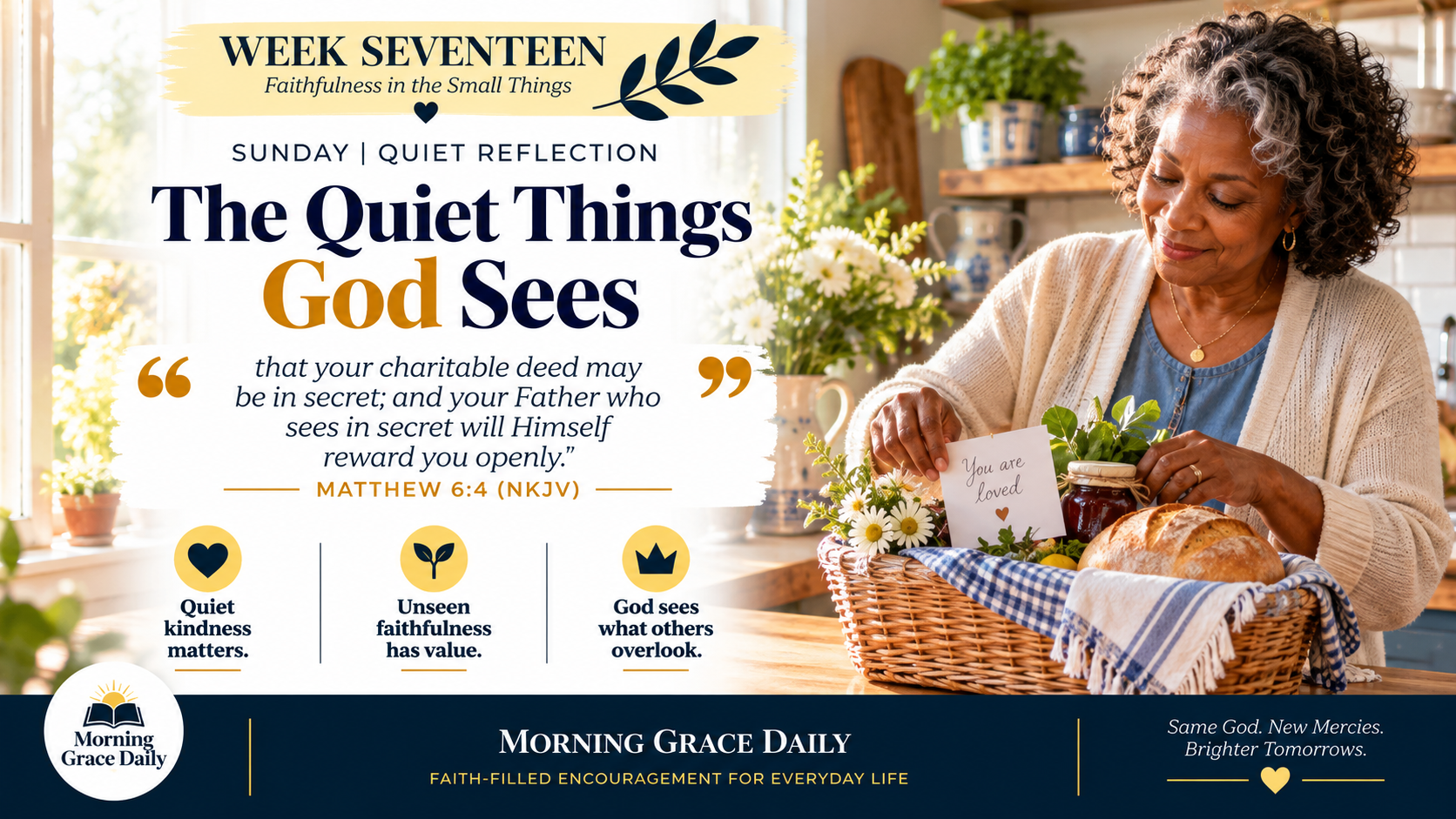 Quiet acts of faithfulness devotional featuring an older woman preparing a thoughtful gift of homemade food for a neighbor.