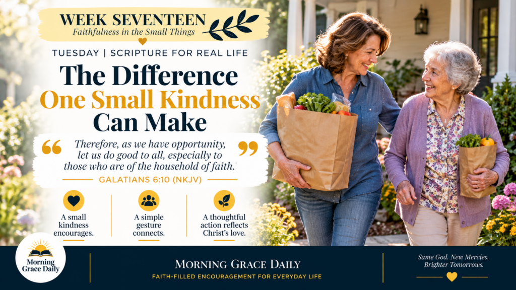 Small acts of Christian kindness devotional showing a mature woman helping an older neighbor carry groceries to her home.