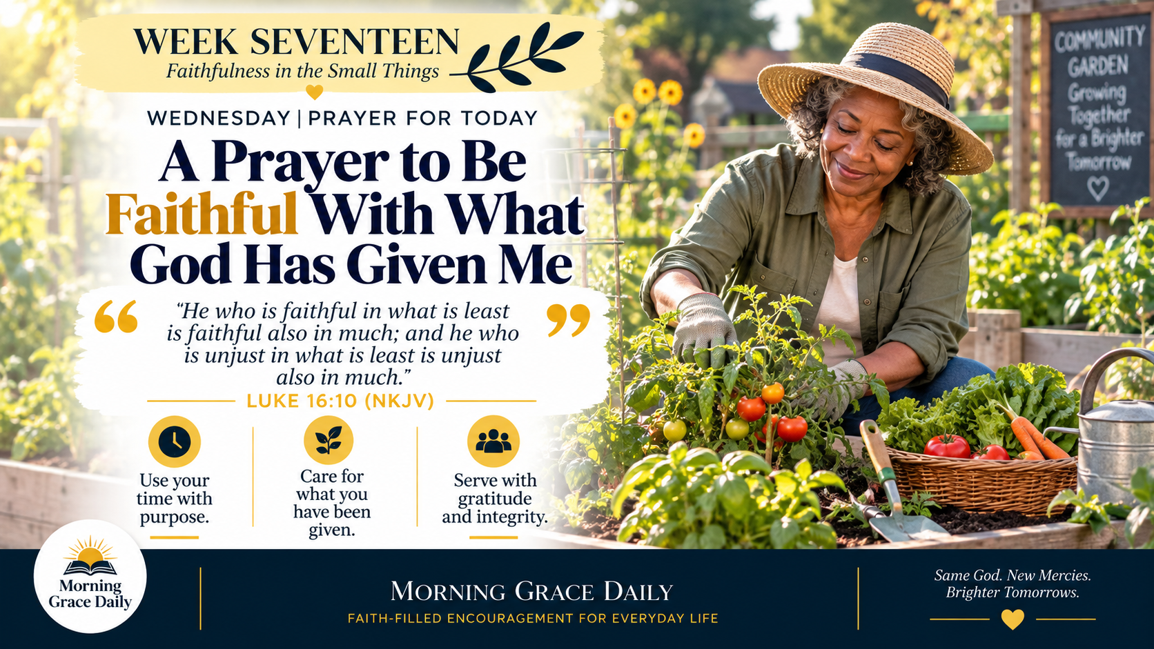 Faithful stewardship of God's gifts devotional featuring a mature woman carefully tending a community vegetable garden.