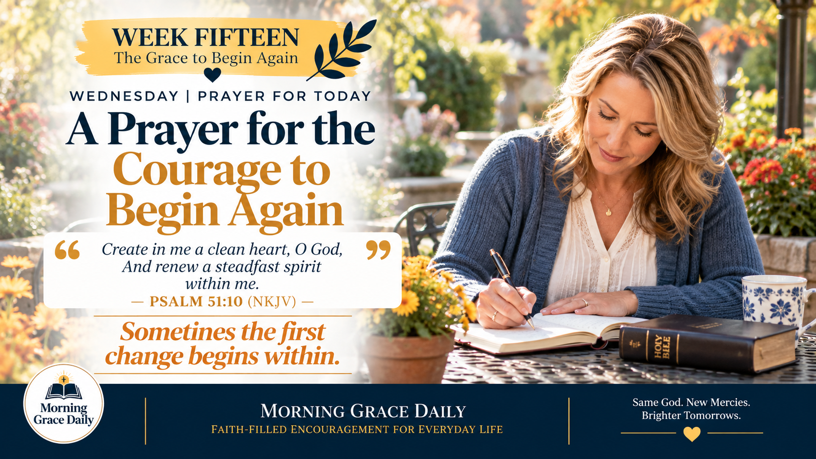 Prayer for the courage to begin again devotional image showing a woman reflecting while writing in her journal outdoors.